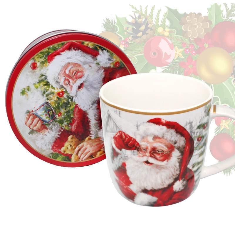 Кружка фарфоровая с новогодним рисунком в металлической коробкеSanta ...
