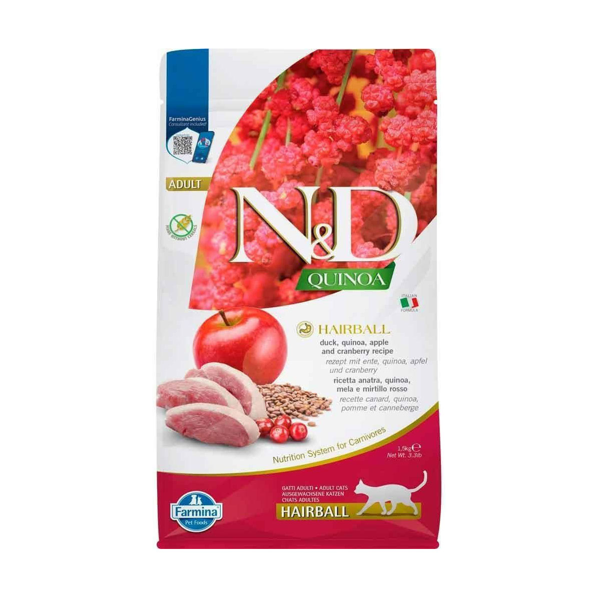Віталій П. Беззерновой сухой корм для взрослых кошек Farmina N&D Quinoa Hairball Adult для выведения шерсти, с уткой, киноа, яблоком и клюквой photo