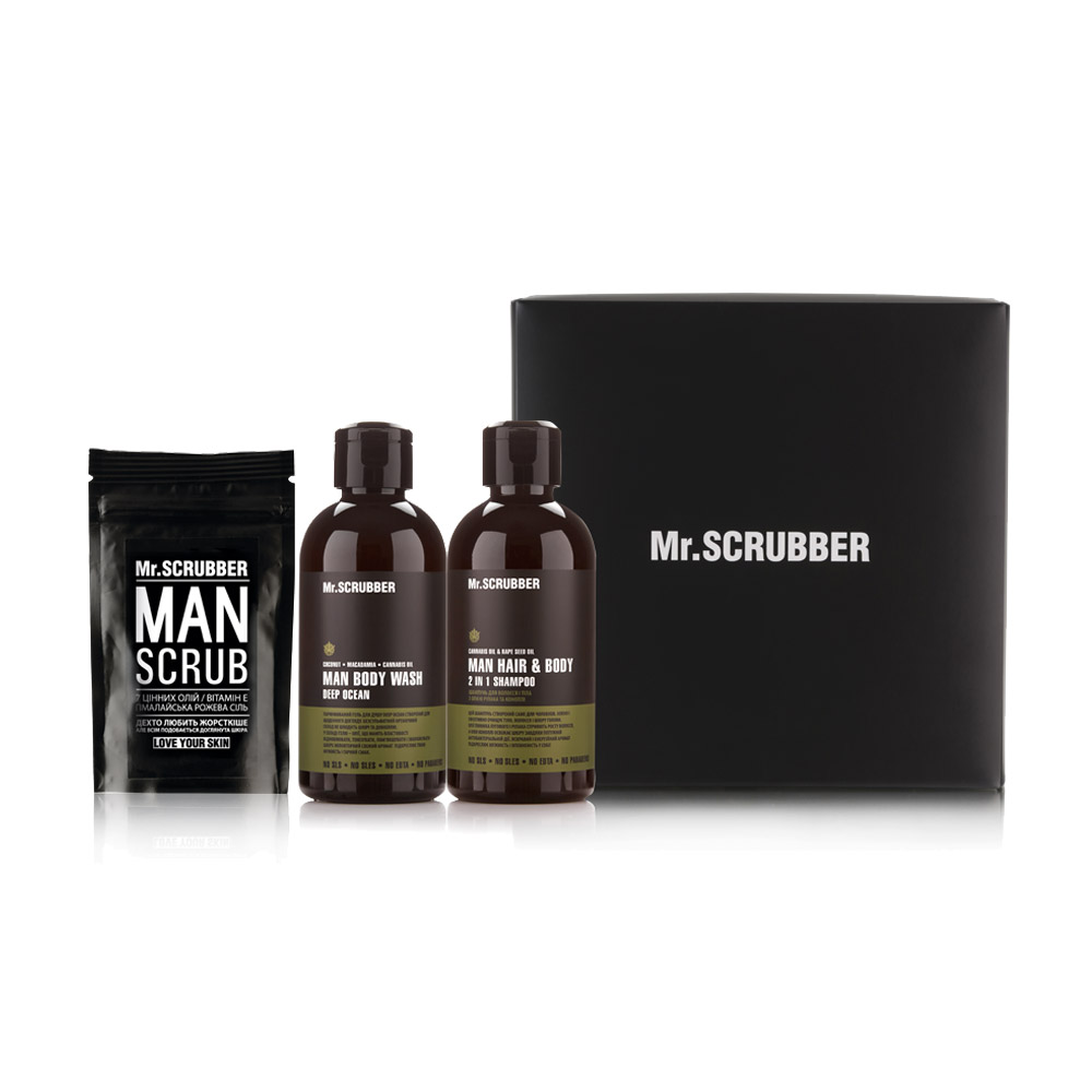 Аліна Набор мужской Mr.Scrubber New Man Basic (шампунь для волос и тела, 250 мл + гель для душа, 250 мл + кофейный скраб для тела, 100 г) photo