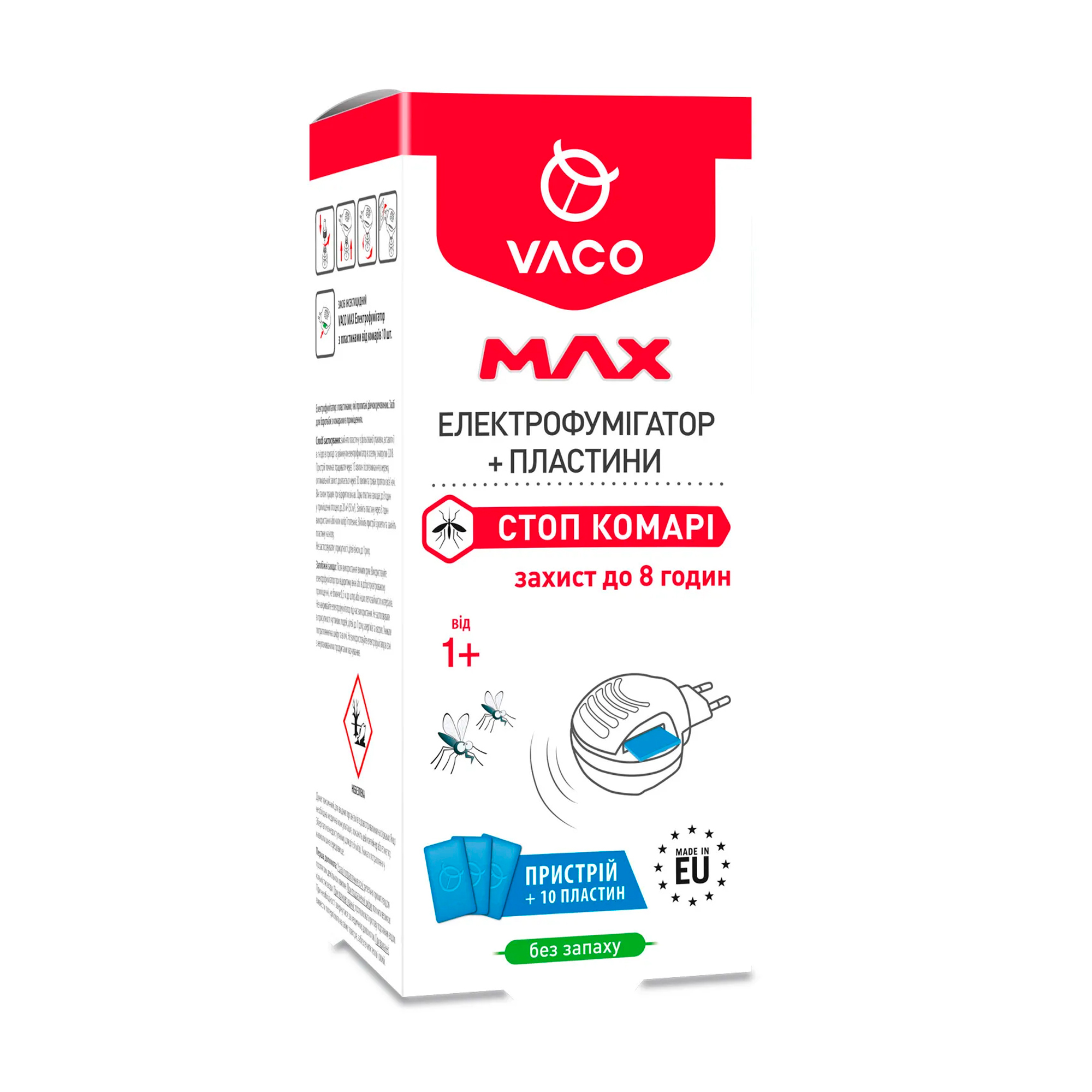 Вікторія Электрофумигатор + пластины Vaco Max Стоп комары, до 8 часов, 10 шт photo