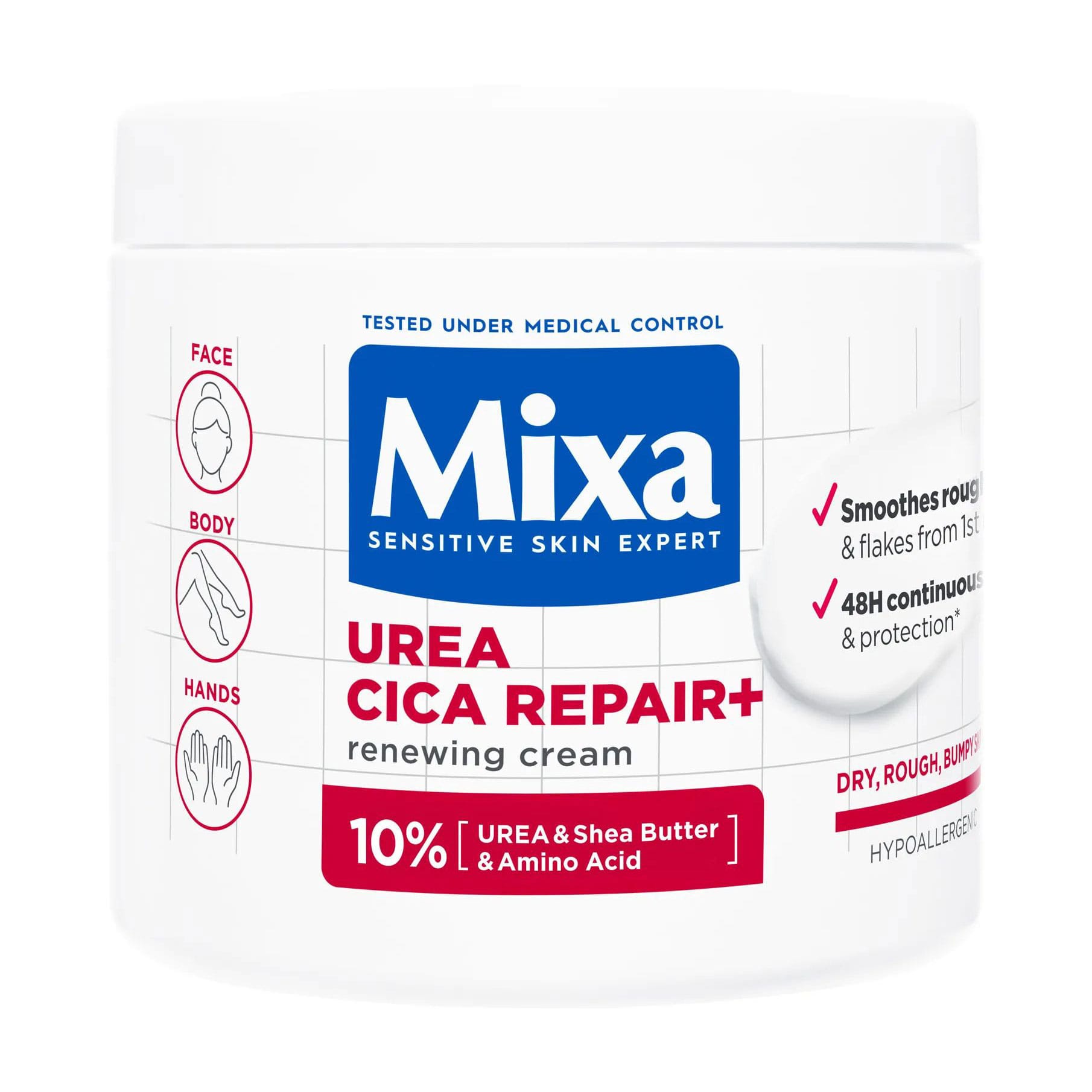 Восстанавливающий крем Mixa Urea Cica Repair+ с мочевиной и ниацинамидом, для сухой кожи лица, рук и тела, 400 мл