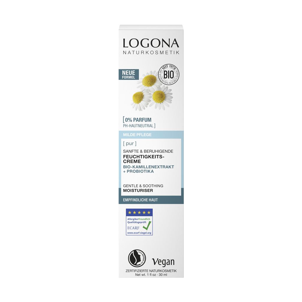 Біо-крем для обличчя Logona Pur Gentle & Soothing Moisturiser для чутливої шкіри, з ромашкою та пробіотиками, 30 мл — фото 2