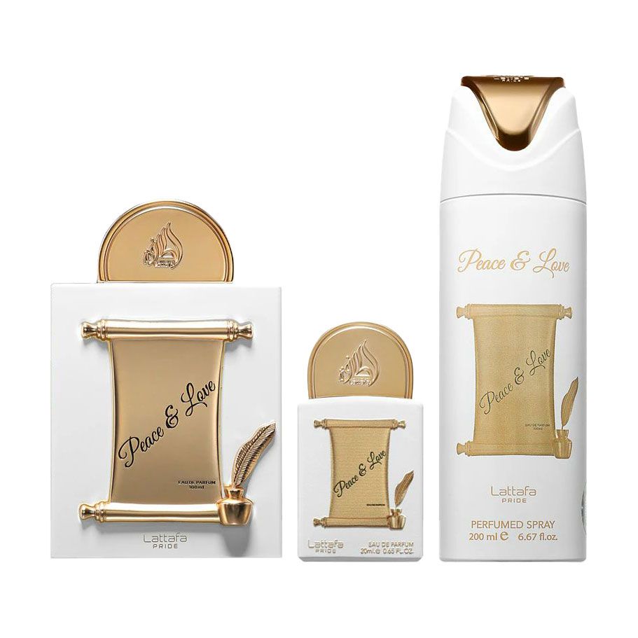 Парфумований набір унісекс Lattafa Perfumes Peace & Love (парфумована вода, 100 мл + парфумована вода, 20 мл + дезодорант, 200 мл) — фото 2