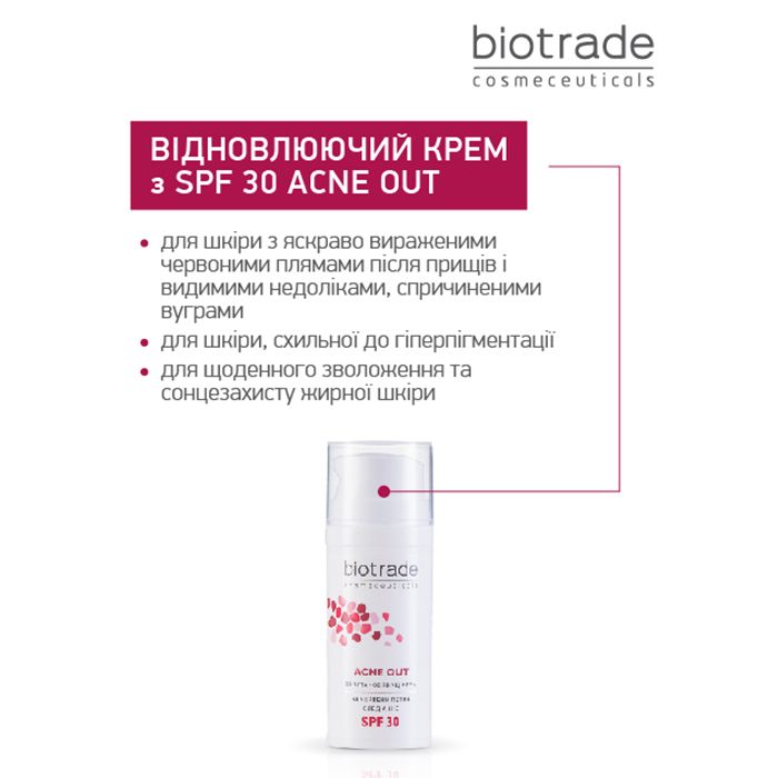 Відновлювальний крем для обличчя Biotrade Acne Out SPF 30 для шкіри з видимими дефектами та плямами постакне, 30 мл — фото 2