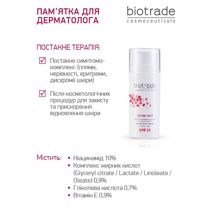 Відновлювальний крем для обличчя Biotrade Acne Out SPF 30 для шкіри з видимими дефектами та плямами постакне, 30 мл — фото 5
