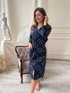 Велюровый халат с капюшоном на замке с длинным рукавом Синий S/M (velur004-4) (1028341)