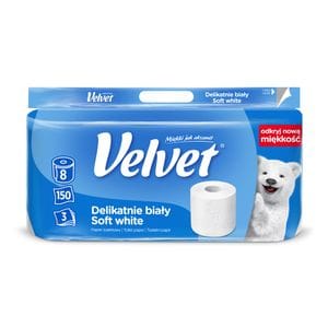 Туалетная бумага Veltie Velvet Деликатный, белая, 3-слойная, 150 отрывов, 8 рулонов