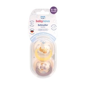 Пустышка силиконовая Baby-Nova Wild Animals с кольцом и рисунком, от 6 до 18 месяцев, 2 шт (3962321)