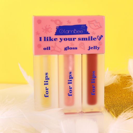 Набор для макияжа губ 3 в 1 GlamBee I Like Your Smile (масло, 2.7 мл + блеск, 2.7 мл + желе, 2.7 мл)