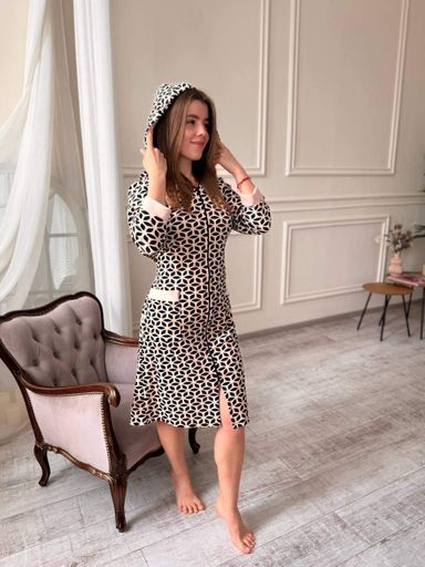 Велюровый халат с капюшоном на замке с длинным рукавом Бежевый L/XL (velur009-4) (1028334)