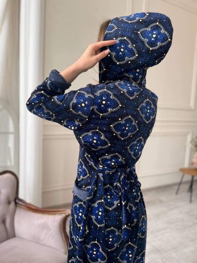 Велюровый халат с капюшоном на замке с длинным рукавом Синий S/M (velur004-4) (1028341)