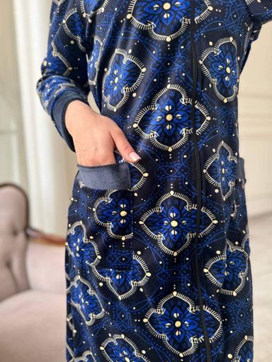 Велюровый халат с капюшоном на замке с длинным рукавом Синий S/M (velur004-4) (1028341)