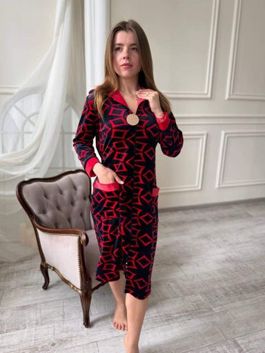 Велюровый халат с капюшоном на замке с длинным рукавом Чёрный L/XL (velur0011-4) (1028343)