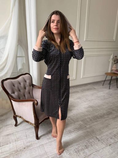 Велюровый халат с капюшоном на замке с длинным рукавом Чёрный S/M (velur0010-4) (1028345)