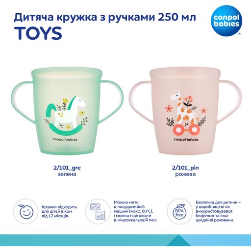 Дитяча кружка Canpol Babies Toys з ручками, рожева, від 1 року, 250 мл (2/101_pin)