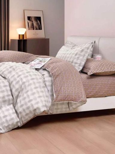 Комплект постельного белья  Ideal Textile бязь двухсторонняя молочно бежевая с принтом  Двуспальный Евро (1052877)