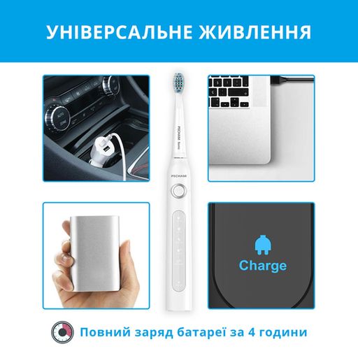 Набор PECHAM White Travel PC-081 (звуковая электрическая зубная щетка, 1 шт + сменные насадки, 6 шт + чехол, 1 шт)