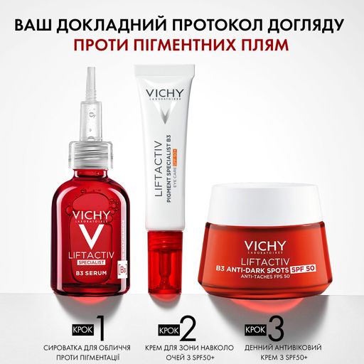 Антивіковий крем для шкіри навколо очей Vichy Liftactiv Pigment Specialist B3 Eye Care SPF 50+ для корекції пігментних плям та темних кіл, 15 мл
