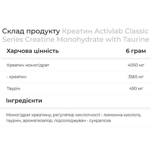 Креатин моногидрат Activlab Classic Series Creatine Monohydrate Enhanced With Taurine 300 g /50 servings/ Lemon (1227470)