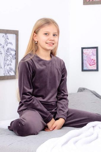 Велюрова підліткова піжама для дівчинки (кофта та штани) однотонна Носи своє 134 см Сірий (p-9047-147376) (1228775)