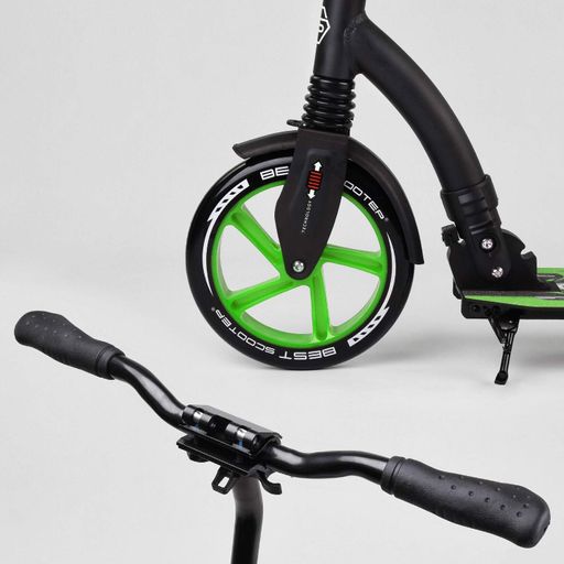 Самокат двоколісний Best Scooter з PU колесами амортизатором широким кермом затискачем для керма. Black and  Green (94767) (1229997)