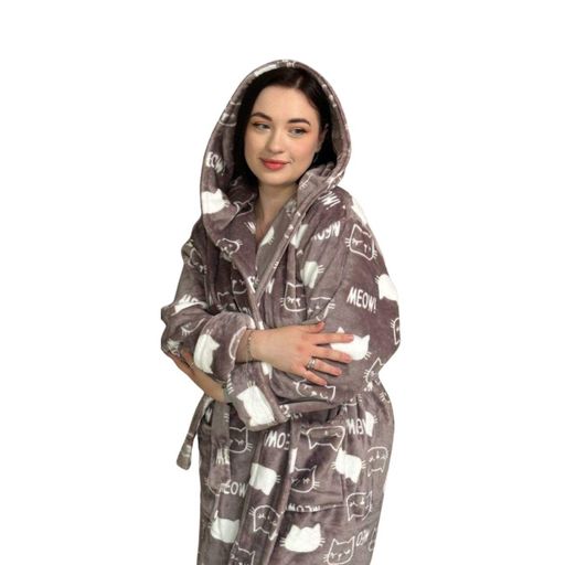 Халат женский плюшевый капучино с котиками 42-44 р H40 Ananasko (1241908)