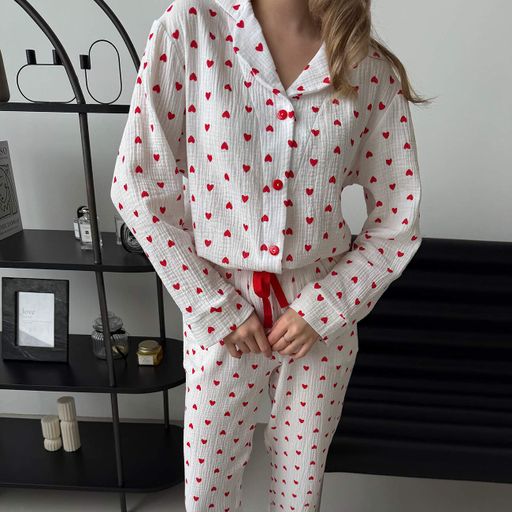 Женская пижама (рубашка+штаны) Муслин XL белая Сердца красные Cosy M252P (1242014)