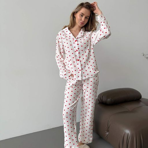 Женская пижама (рубашка+штаны) Муслин S белая Сердца красные Cosy M252P (1242041)