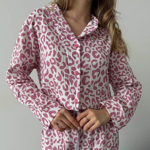 Женская пижама (рубашка+штаны) Муслин S белая с розовым Леопард Cosy M251P (1242047)