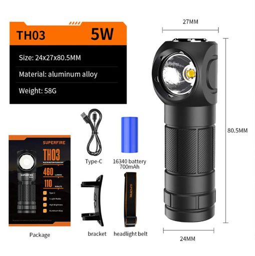 Ліхтар акумуляторний Superfire TH03 460 Lumen IP43 Чорний (2073751680) (1272889)
