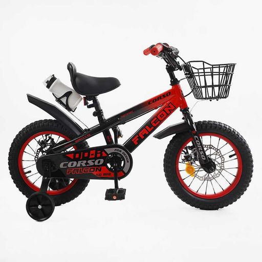 Детский двухколёсный велосипед CORSO Falcon FL-14873 14" дюймов, стальная рама, съемные страховочные колеса, дисковые тормоза, Черно-красный (1303722)
