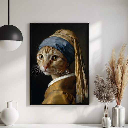 Постер Roomy "Pearl Earring Cat" Белая рамка с глянцевым стеклом A4 (29.7x21 cm) (1309488)