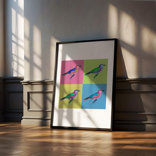 Постер Roomy "Colorful Sparrows" Белая рамка с глянцевым стеклом A2 (59.4x42 cm.) (1309727)