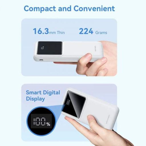 Повербанк Vention 10000 мАч, 22.5W, с LED-дисплеем, Micro-USB, USB-C, 2xUSB-A, белый (FHKW0) (1420993)
