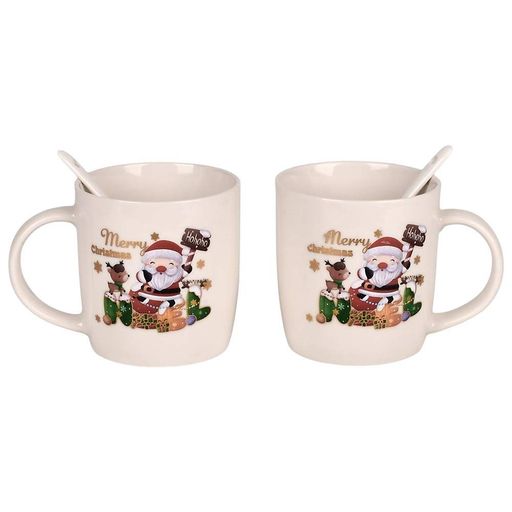 Чашки новогодние Stenson Happy Christmas 2 шт. по 380 мл с ложками в подарочном наборе, бежевые. (1443680)