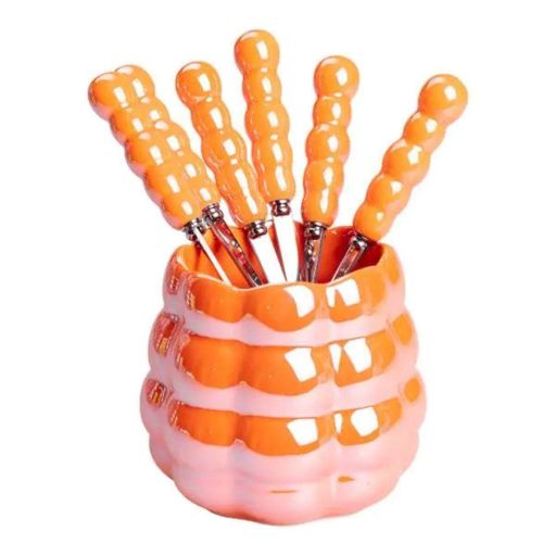 Набор десертных вилок и ложек на 3 персоны с подставкой из керамики 7 предметов Оранжевый (1460257)