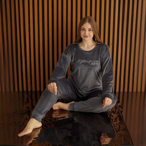 Піжама-костюм (кофта+штани) жіноча тепла Велюр 5XL графіт PIJAMONI PJ4220-10 (1483052)
