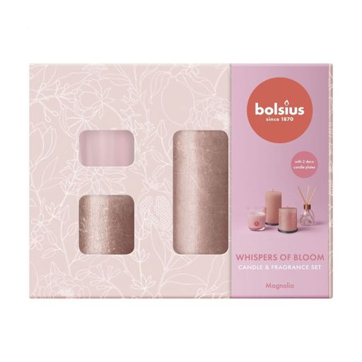 Уцінка! Подарунковий набір Bolsius Whispers Of Bloom Magnolia (циліндричні свічки Rustic, 2 шт + ароматична свічка в склянці, 1 шт + аромадифузор, 60 мл)