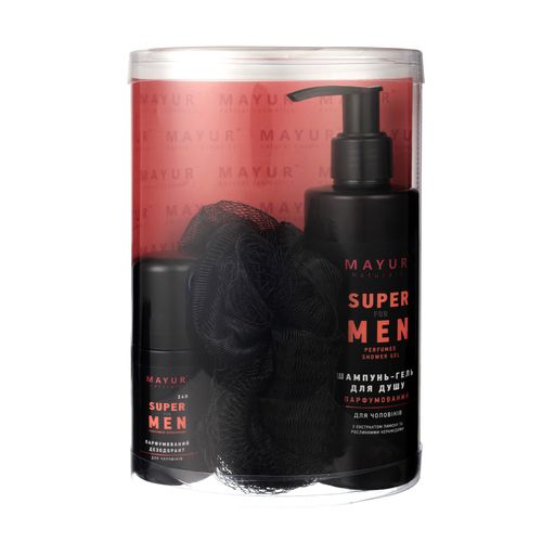 Мужской набор Mayur Super For Men (шампунь-гель для душа, 200 мл + дезодорант, 50 мл + мочалка, 1 шт)