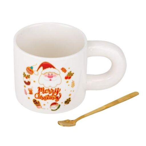 Чашка новогодняя Elisey 9150-021-3 Funny Santa керамическая с ложкой 300 мл Белый (1491768)