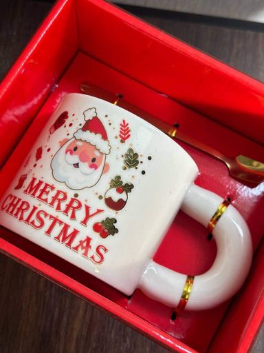 Чашка новогодняя Elisey 9150-021-2 Funny Santa керамическая с ложкой 300 мл Белый (1491773)