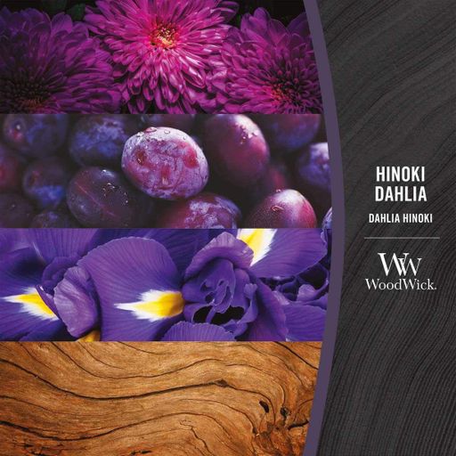 Ароматическая свеча с нотами дерева хиноки, сливы и георгины Woodwick Medium Hinoki Dahlia 275 г (1743618E) (1522039)