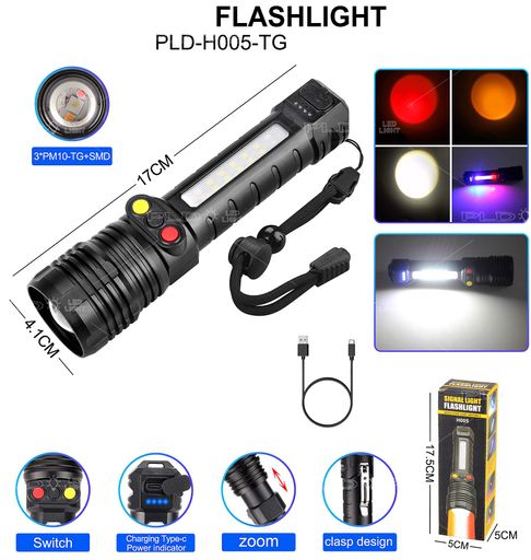 Ліхтар ручний Voltronic PLD-H005-3PM10-TG (white+yellow+red) з індикатором заряду, 14 SMD діодів, Type-C зарядка, Black (10592) (1565579)