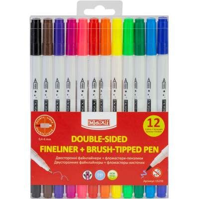 Фломастери Maxi пензлики BRUSH-TIPPED + лайнери 2в1, 12 кольорів, лінія 0,4-6 мм (MX15239) (1574464)