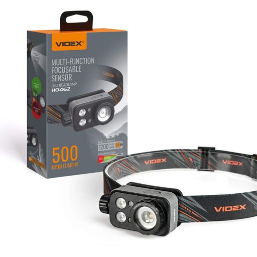 Ліхтарик налобний туристичний VIDEX VLF-H046Z 500 Лм, IP65, ZOOM (фокусування), 3 кольори (червоний/зелений), датчик руху, Li-pol USB-C (1634136)