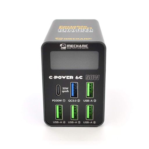 Зарядна станція з цифровою індикацією MECHANIC C-Power 6C, 4*USB-A, 1*QC3.0-5В3А,9В2A,12В1.5А, 1*PD3.1-5В3А,9В2.22A,12В1.67А, 220В/50Вт.150*100*50мм (1659896)