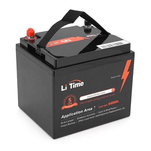 Акумуляторна батарея Li-TIME LiFePO4 12,8V 50Ah 640Wh(100/100A), заряд 14,4В/10А, (198 x 166 x 170мм), 5,24kg, Q1 Litime L12V50-BASIC-4-A38 (1660764)