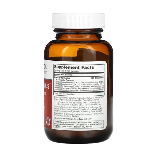 Пробиотики дофилус Protocol For Life Balance ProtoDophilus, 100 млрд КОЕ, 10 штаммов, 30 вегетарианских капсул