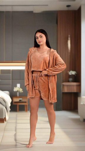 Жіночий домашній костюм-трійка з махри SAIMEIQI 2XL топ+шорти+кардиган бежевий (1746922)