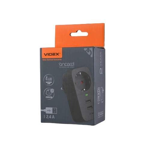 Мережевий адаптер 1 розетки/2USB-A/1Type-C із заземленням чорний VF-AD1G2U1C-B Oncord Videx (1753645)